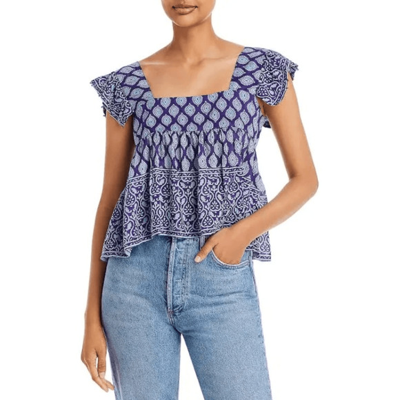 Bell NWT Rey Beaded Border Print Top in Blue Multi Size L - Picture 1 of 9